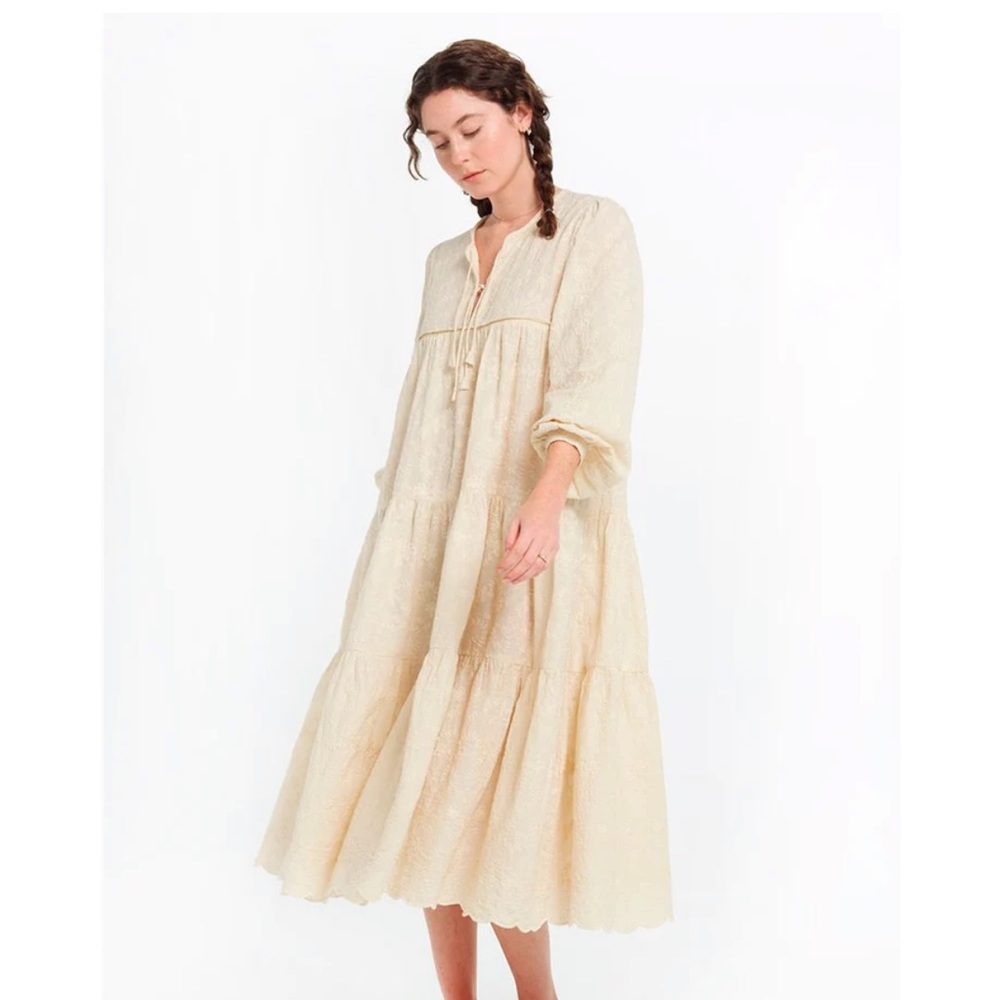 Matta Yamini Embroidered Dress in moon Midi  Ruffles Peasant NWT